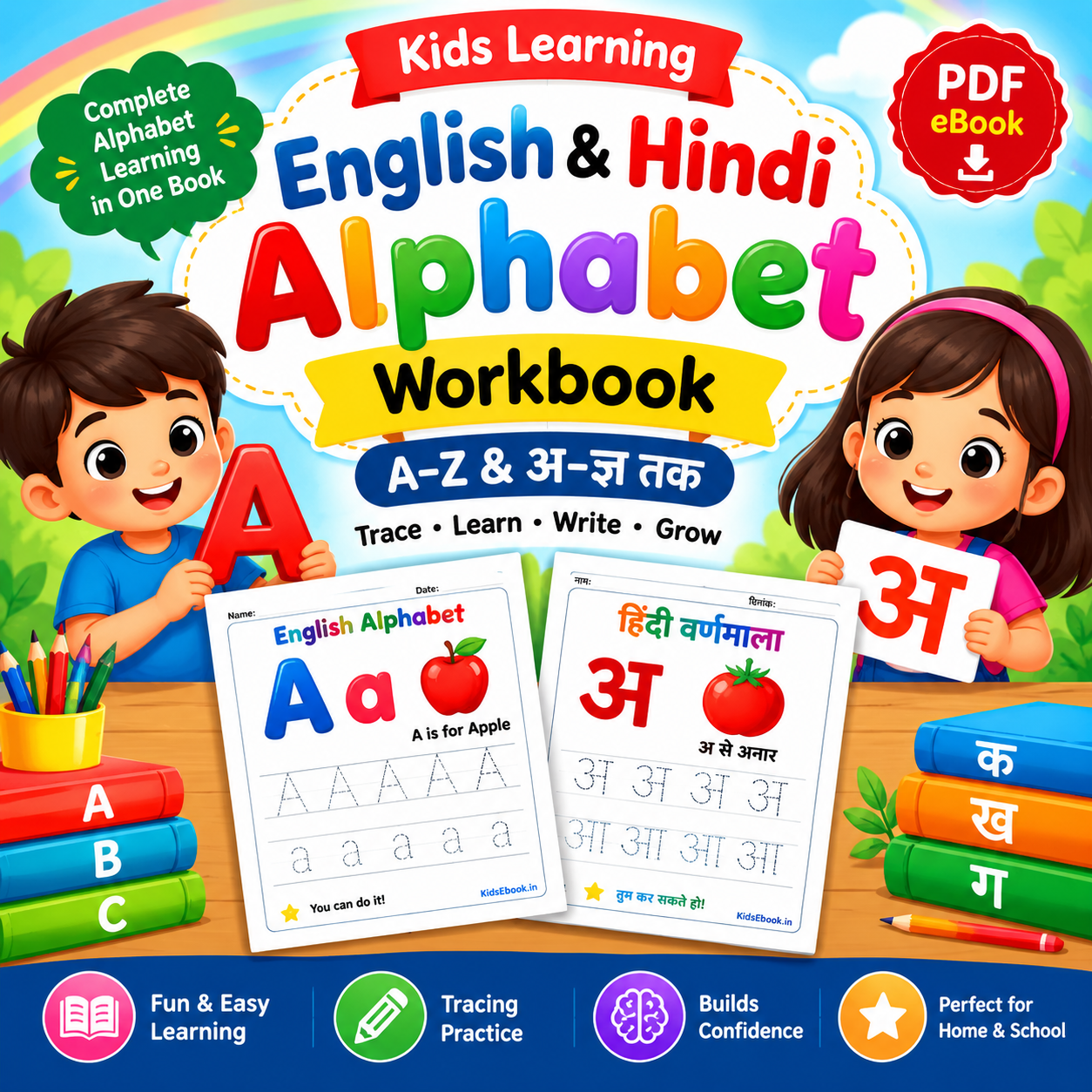 English & Hindi Alphabet Workbook for Kids PDF | बच्चों के लिए हिंदी वर्णमाला और ABC ट्रेसिंग वर्कबुक